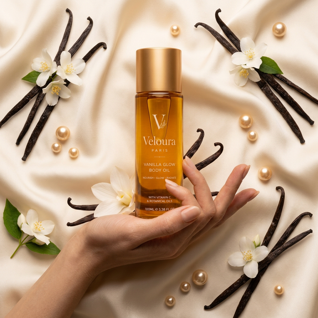 Veloura Paris Vanilla Glow Body Oil held in hand